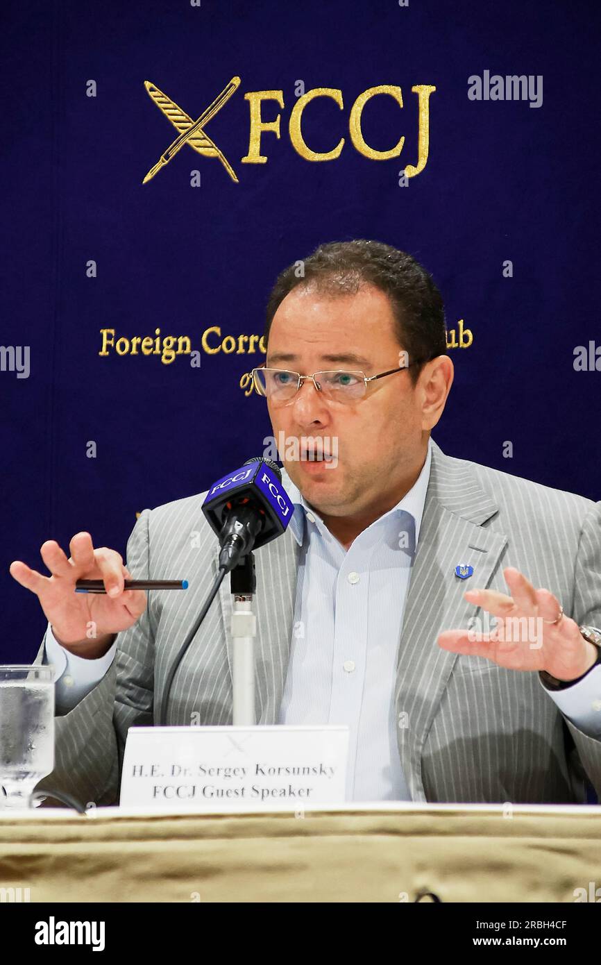 Tokyo, Japan. July 10, 2023, Tokyo, Japan: Sergey Korsunsky Ambassador of Ukraine to Japan speaks during a press conference at The Foreign Correspondents' Club of Japan (FCCJ) in Tokyo. On the 500th day of the conflict in his country ''”which is under constant Russian attack while fighting to reclaim its own lands from occupation''” Sergey Korsunsky, the Ukrainian ambassador to Japan, paid a visit to the FCCJ. Despite Russia's own issues with its Wagner band of mercenaries, Ukraine has launched a counteroffensive to force the Russians back, but it has encountered fierce resistance. Credit: ZUM Stock Photo