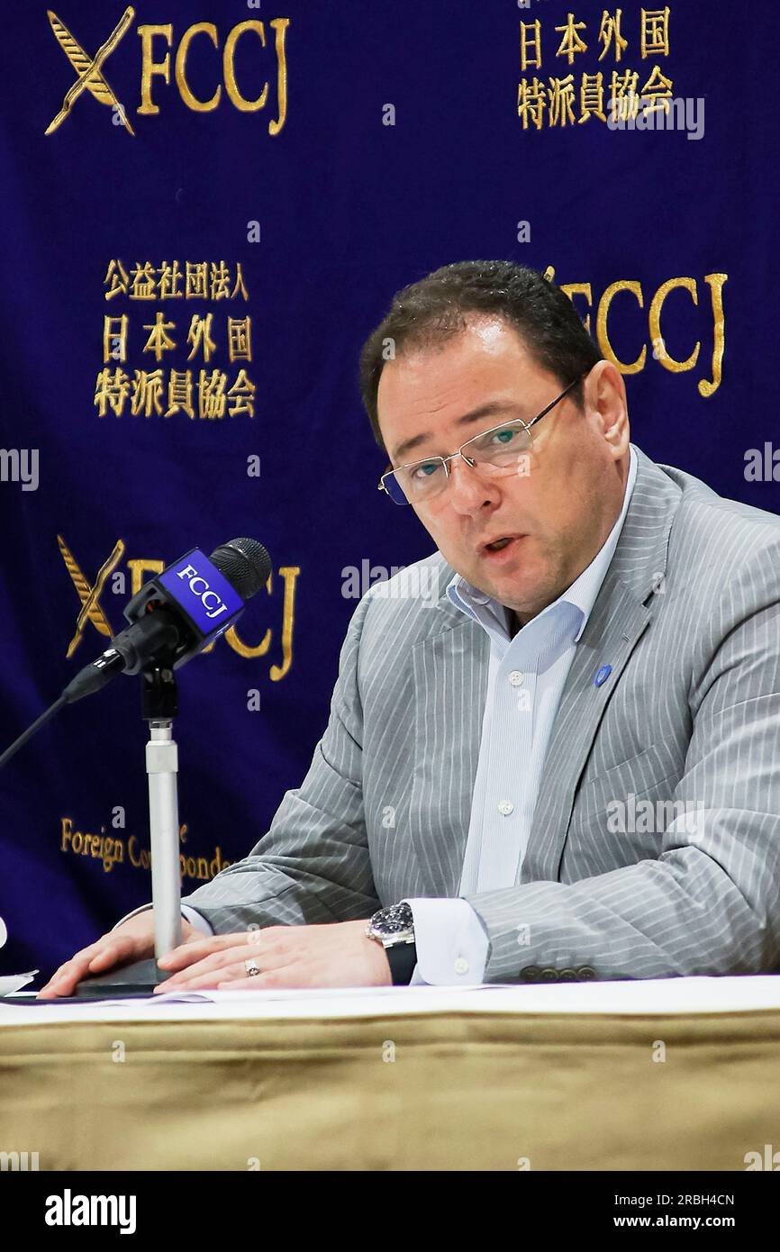 Tokyo, Japan. July 10, 2023, Tokyo, Japan: Sergey Korsunsky Ambassador of Ukraine to Japan speaks during a press conference at The Foreign Correspondents' Club of Japan (FCCJ) in Tokyo. On the 500th day of the conflict in his country ''”which is under constant Russian attack while fighting to reclaim its own lands from occupation''” Sergey Korsunsky, the Ukrainian ambassador to Japan, paid a visit to the FCCJ. Despite Russia's own issues with its Wagner band of mercenaries, Ukraine has launched a counteroffensive to force the Russians back, but it has encountered fierce resistance. Credit: ZUM Stock Photo