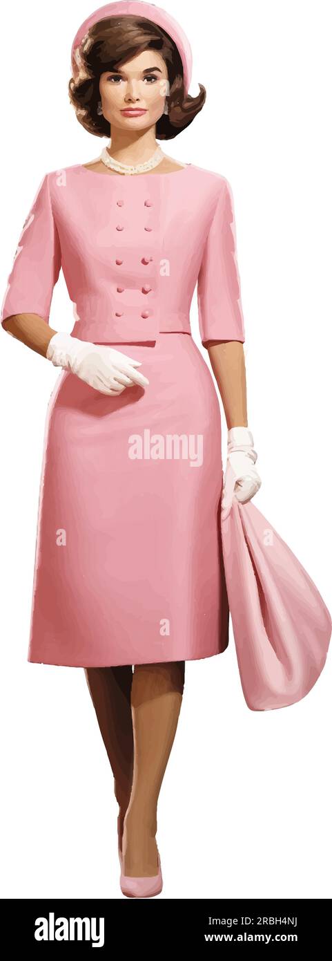Vector of former First Lady Jacqueline Lee Kennedy Onassis (1929-1994) in the pink Chanel suit she was wearing at time of Kennedy assassination. Stock Vector