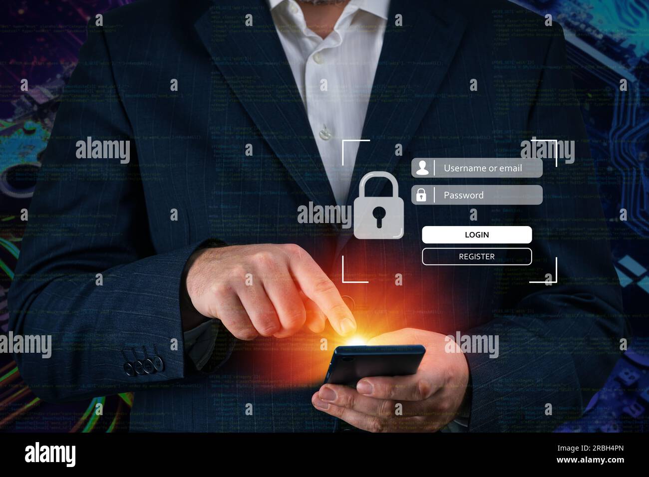 login landing page concept. User typing login and password. Hand man use mobile phone for log in Stock Photo