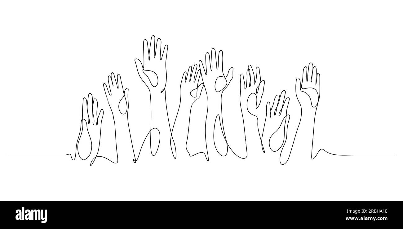 hands up, raised up volunteering,audiences and teamwork continuous line drawing vector illustration Stock Vector