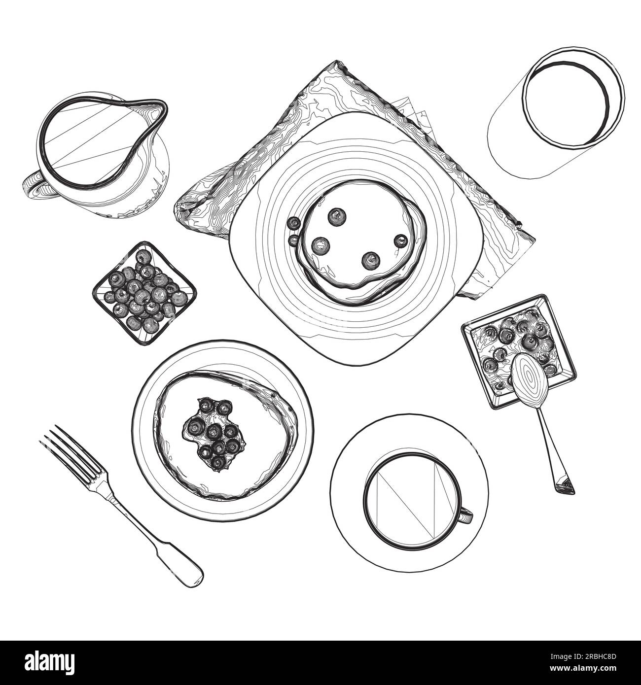 Various healthy morning food and breakfast meals hand drawn with contour lines on white background - berry, toasts, waffles. Vector illustration. Simp Stock Vector