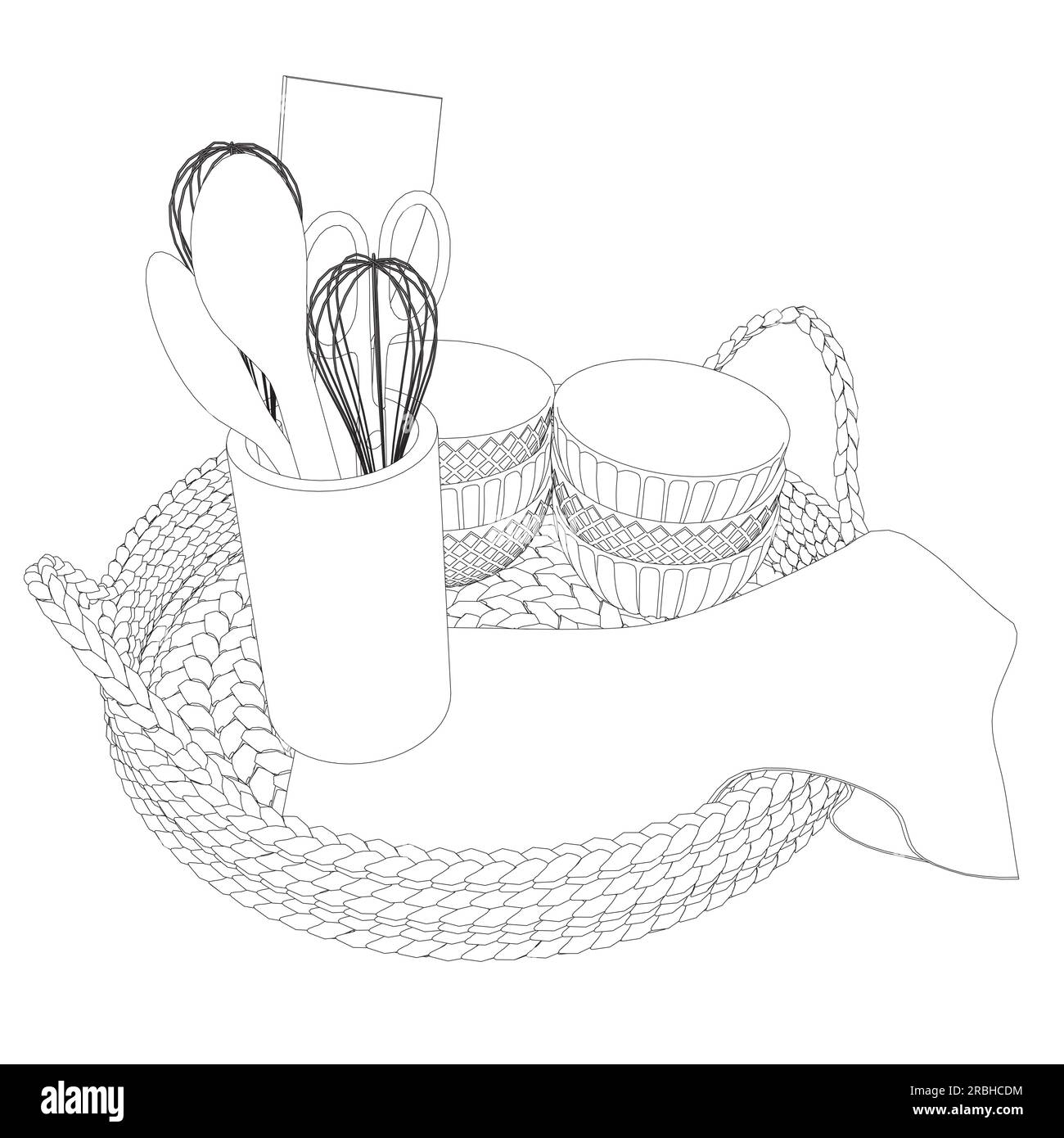 Outline of drawn illustration kitchen tools. Contour of kitchen