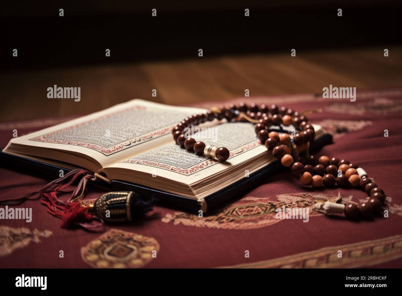 Muslim Quran recitation concept with an opened Quran on a prayer rug