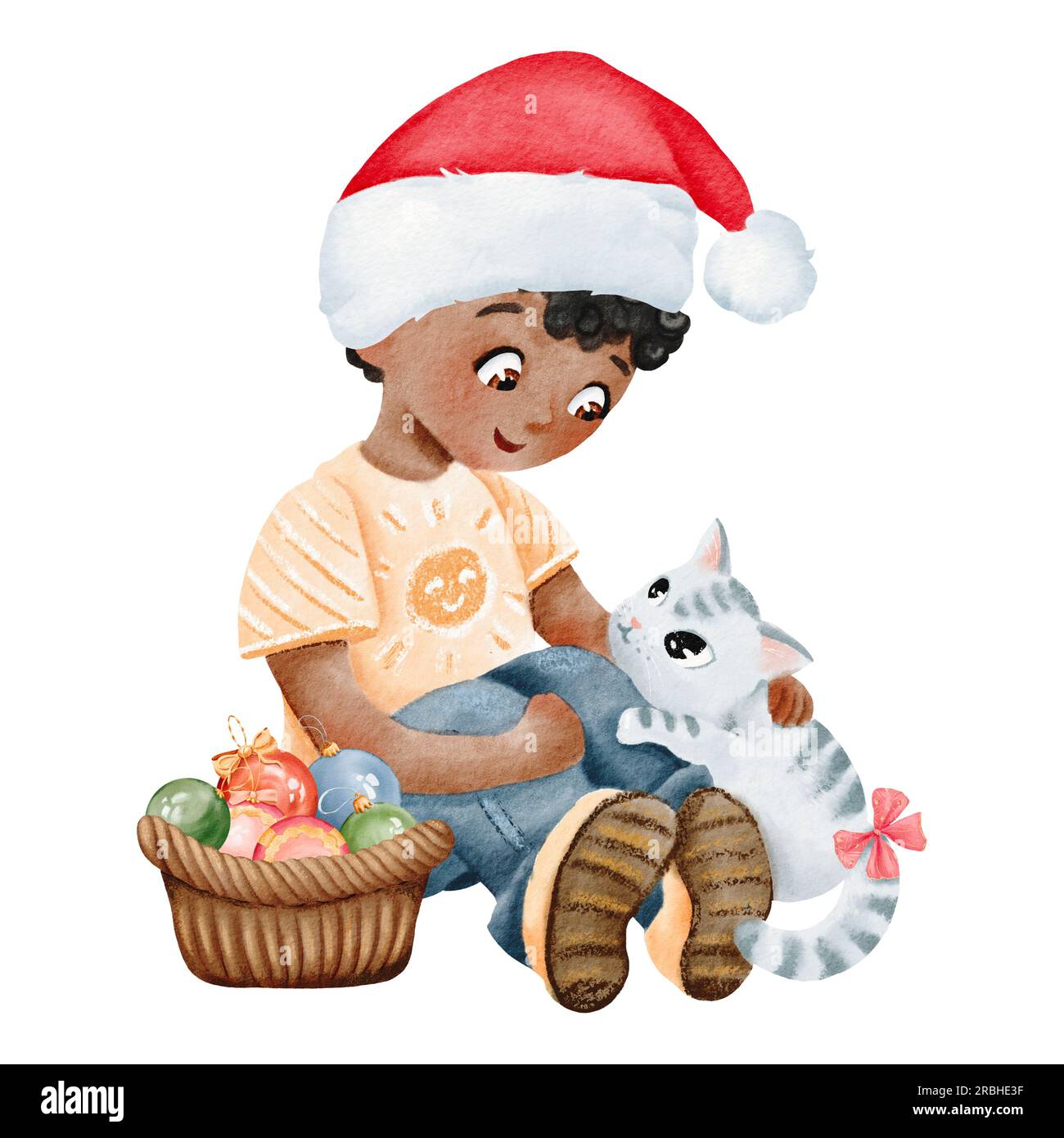 Watercolor merry Christmas composition. The boy in new year hat strokes the cat. African American teenager is sitting with his pet. decorative Stock Photo
