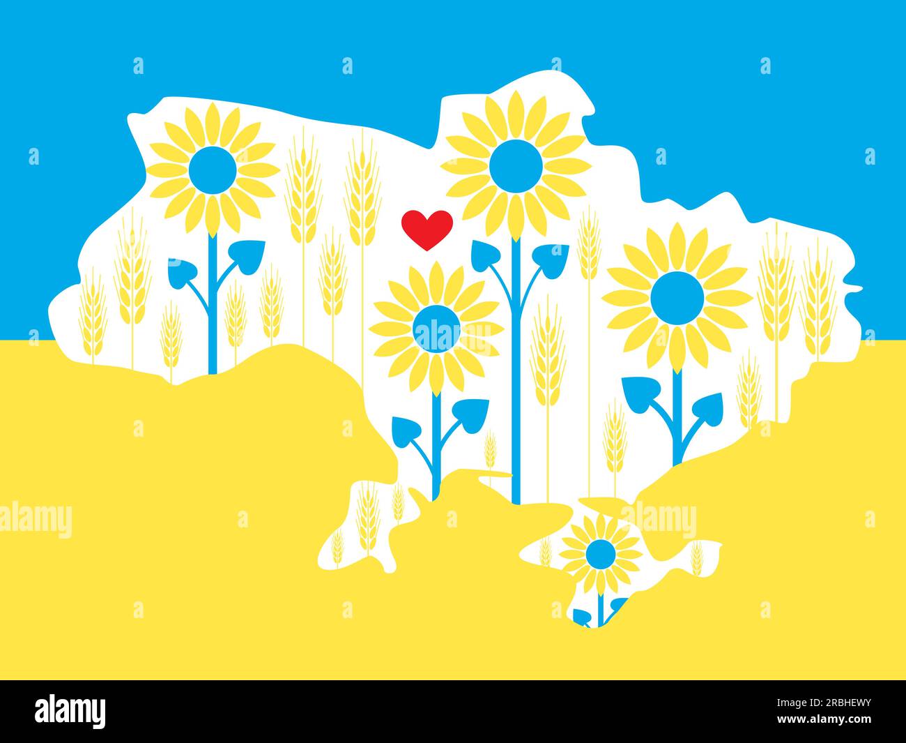 Beautiful map of Ukraine with wheat and sunflowers in the colors of the