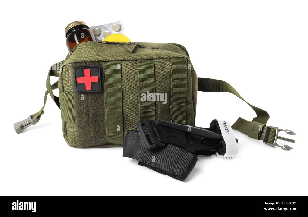 Military first aid kit and tourniquet on white background Stock Photo