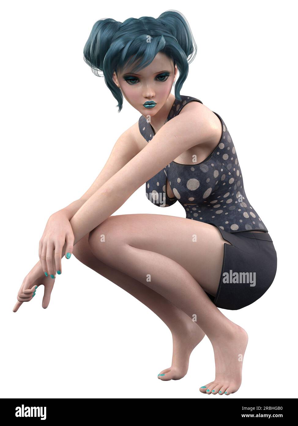 Cute anime girl with blue eyes and hair in summer outfit, 3D ...