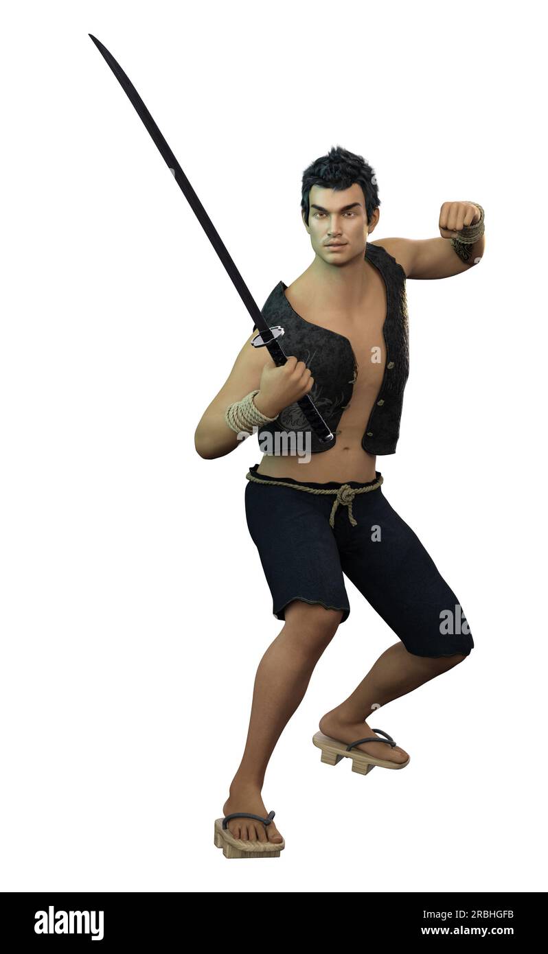 Young asian man training with sword, 3D Illustration. Stock Photo