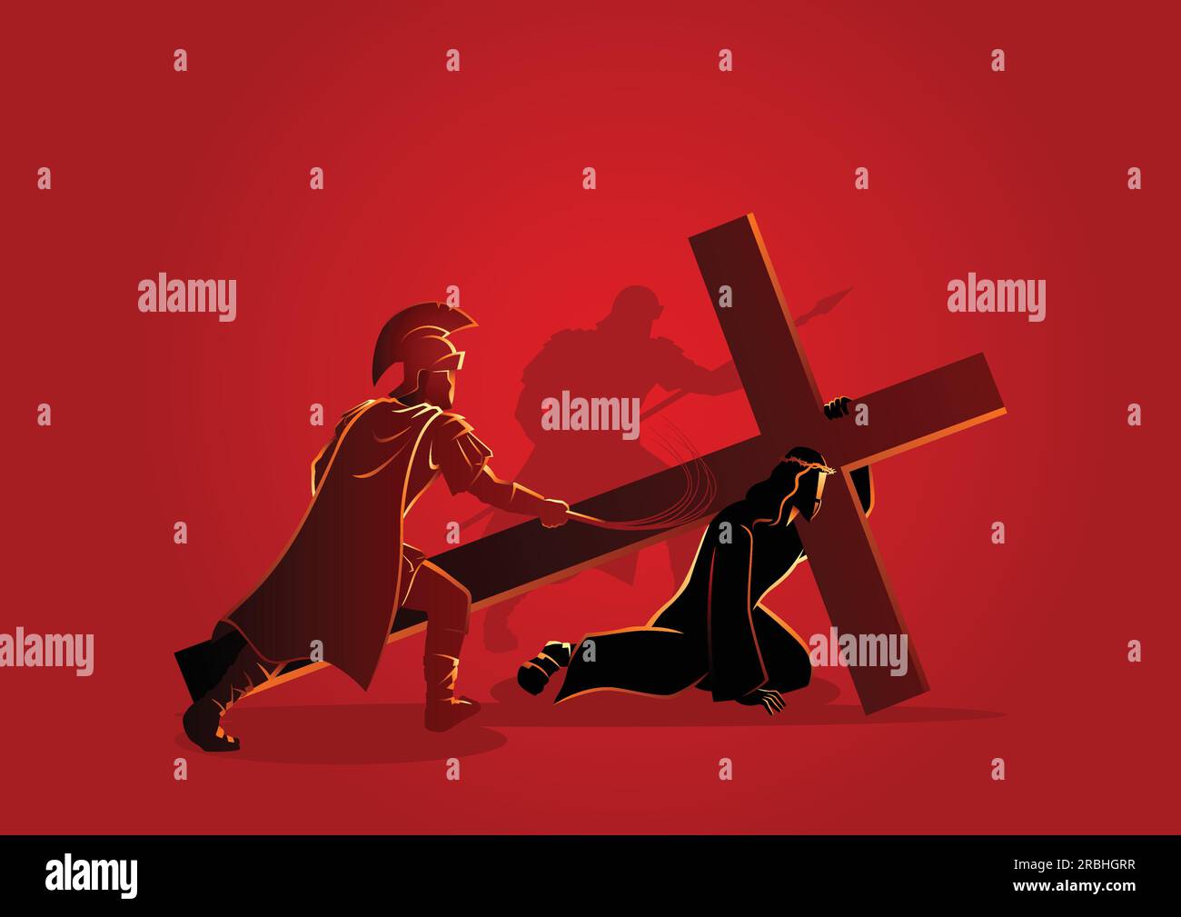 Biblical vector illustration series. Way of the Cross or Stations of the Cross, third station, Jesus falls for the first time. Stock Vector