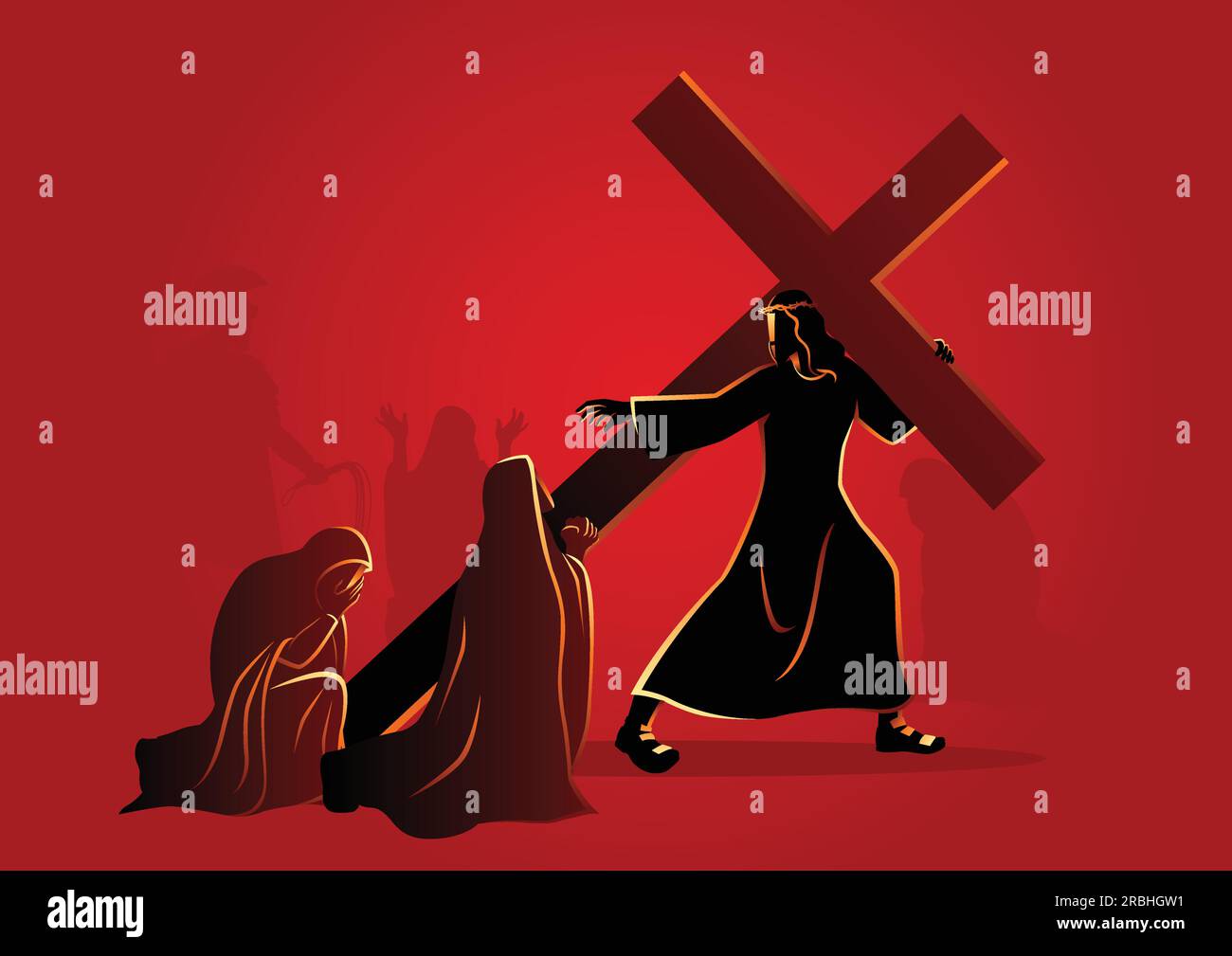 Biblical vector illustration series. Way of the Cross or Stations of the Cross, eighth station, The Women of Jerusalem Mourn for Jesus. Stock Vector