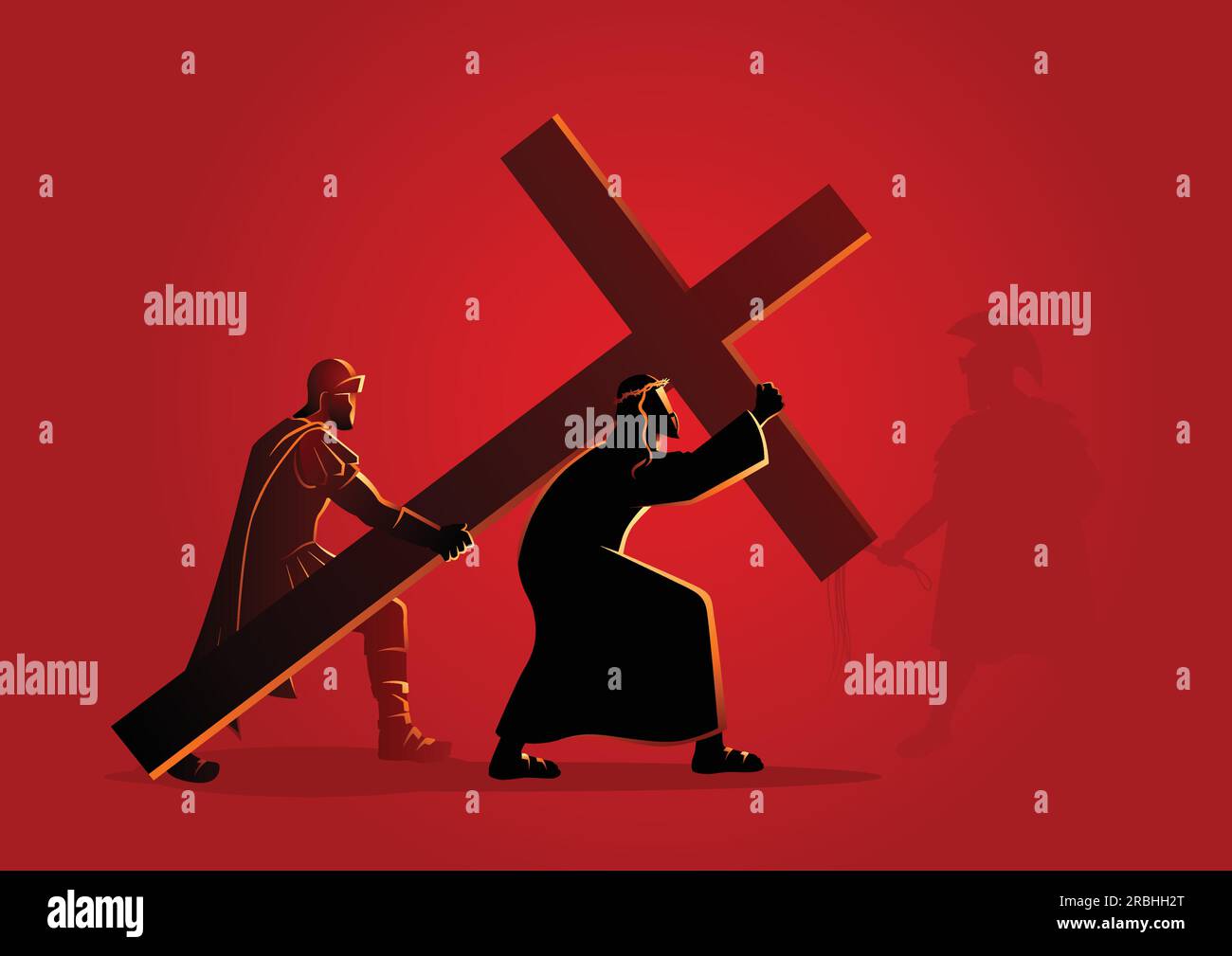 Biblical vector illustration series. Way of the Cross or Stations of the Cross, second station, Jesus accepts his cross. Stock Vector