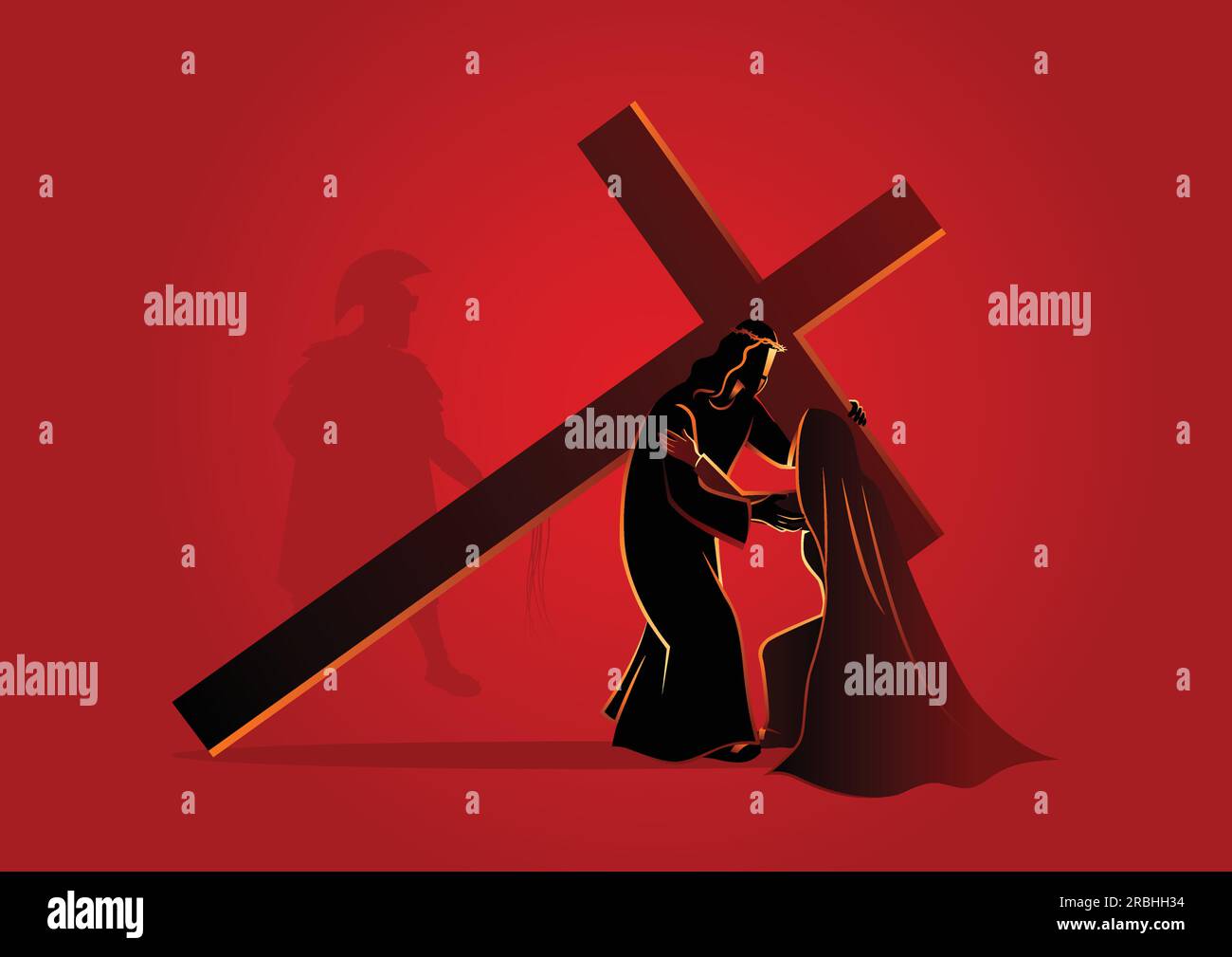 Biblical vector illustration series. Way of the Cross or Stations of the Cross, fourth station, Jesus meets his blessed mother, Mary. Stock Vector
