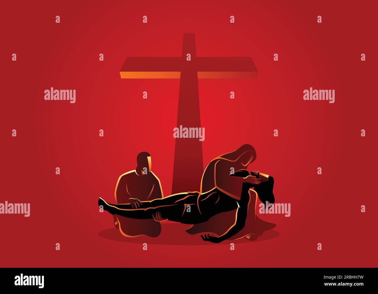 Biblical vector illustration series. Way of the Cross or Stations of the Cross, thirteenth station, Jesus is taken down from the cross. Stock Vector