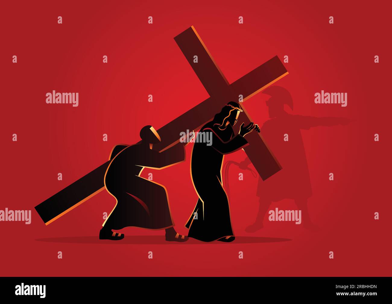 Biblical vector illustration series. Way of the Cross or Stations of the Cross, fifth station, Simon of Cyrene helps Jesus carry his cross. Stock Vector