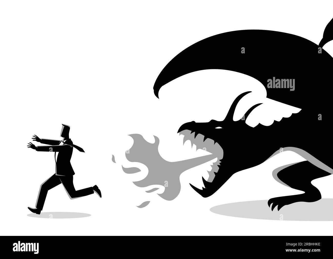 Business concept vector illustration of a businessman running away from a dragon. Risk, fear of challenges in business concept Stock Vector
