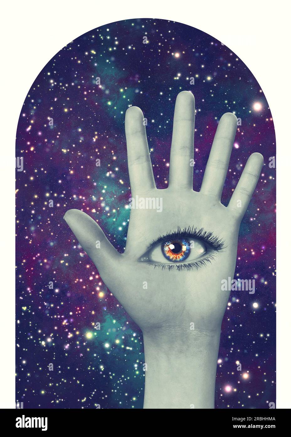 Surreal illustration with 3D hand and eye in the starry space background. 3D illustration Stock Photo