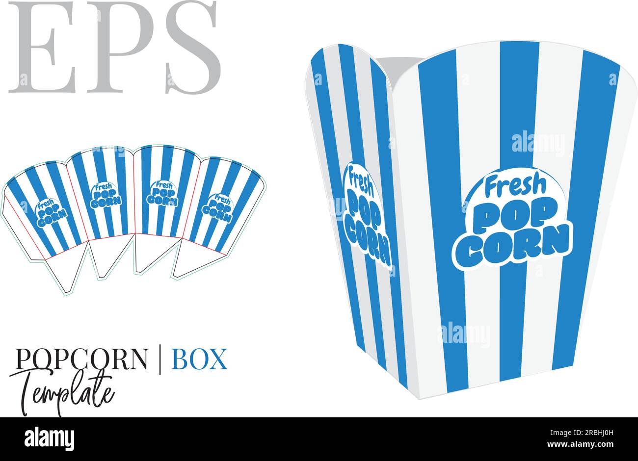 Popcorn Box Template. Vector with die cut, laser cut layers. Self Lock