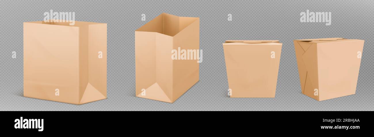 Brown lunch paper bag isolated vector mockup icon. 3d craft fast food