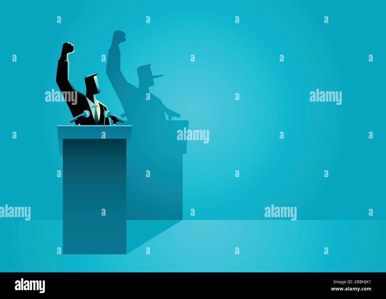 Vector illustration of a man on a podium giving speech with his long nose shadow. Concept of liar. Stock Vector