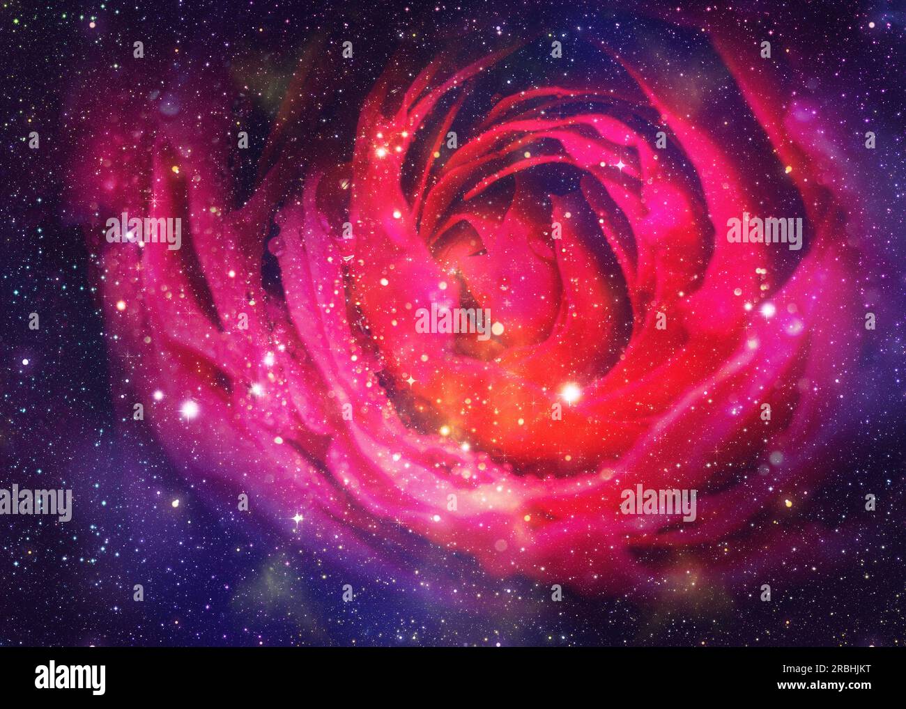 Red rose flower over starry space background, illustration, photo manipulation. Stock Photo