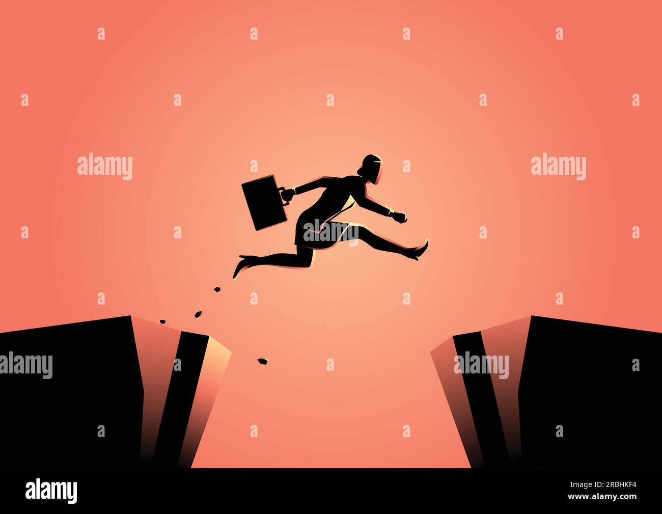 Silhouette illustration of a businesswoman jumps over the ravine. Challenge, obstacle, optimism, determination in business concept Stock Vector
