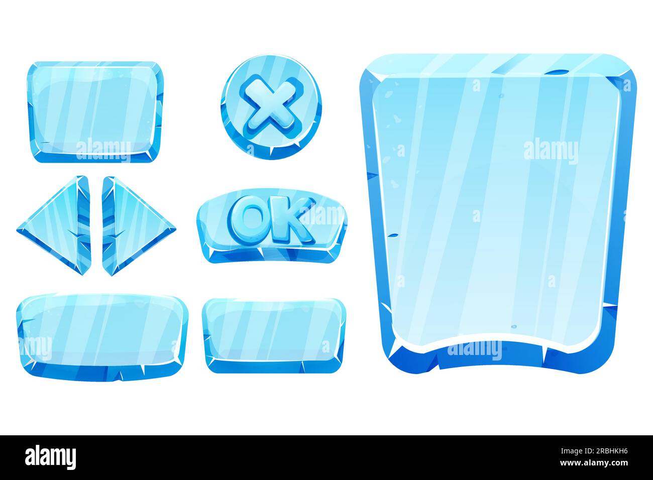 Set frozen ice frames, panels for game menu arows, buttons, ok sign in cartoon style isolated. Ui game design, app interface. Vector illustration Stock Vector