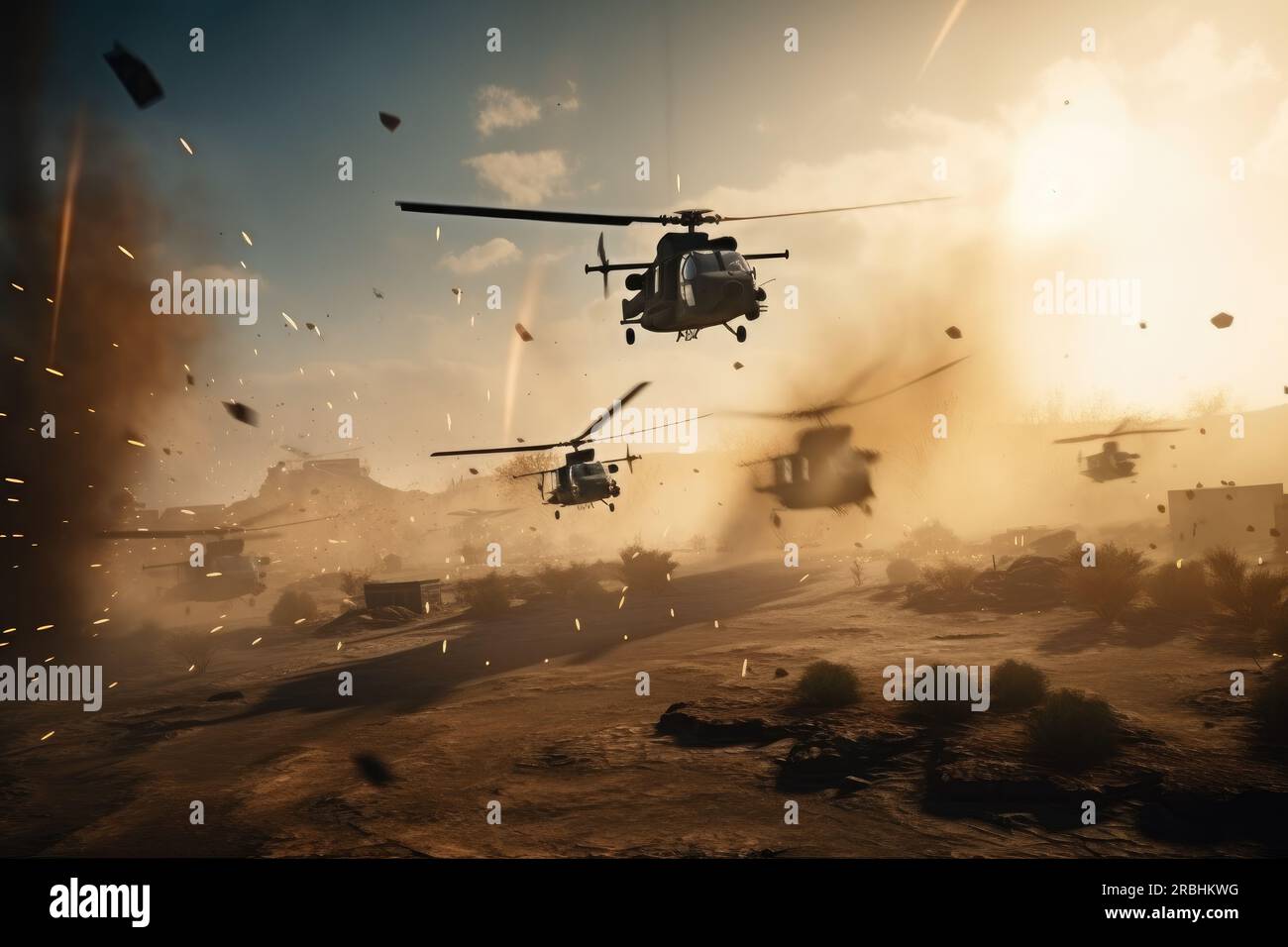 The military fighting scene on war fog sky background, Attack scene