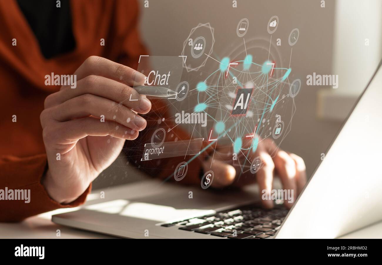 Chat AI concept, People using computer Side view typing on laptop ...