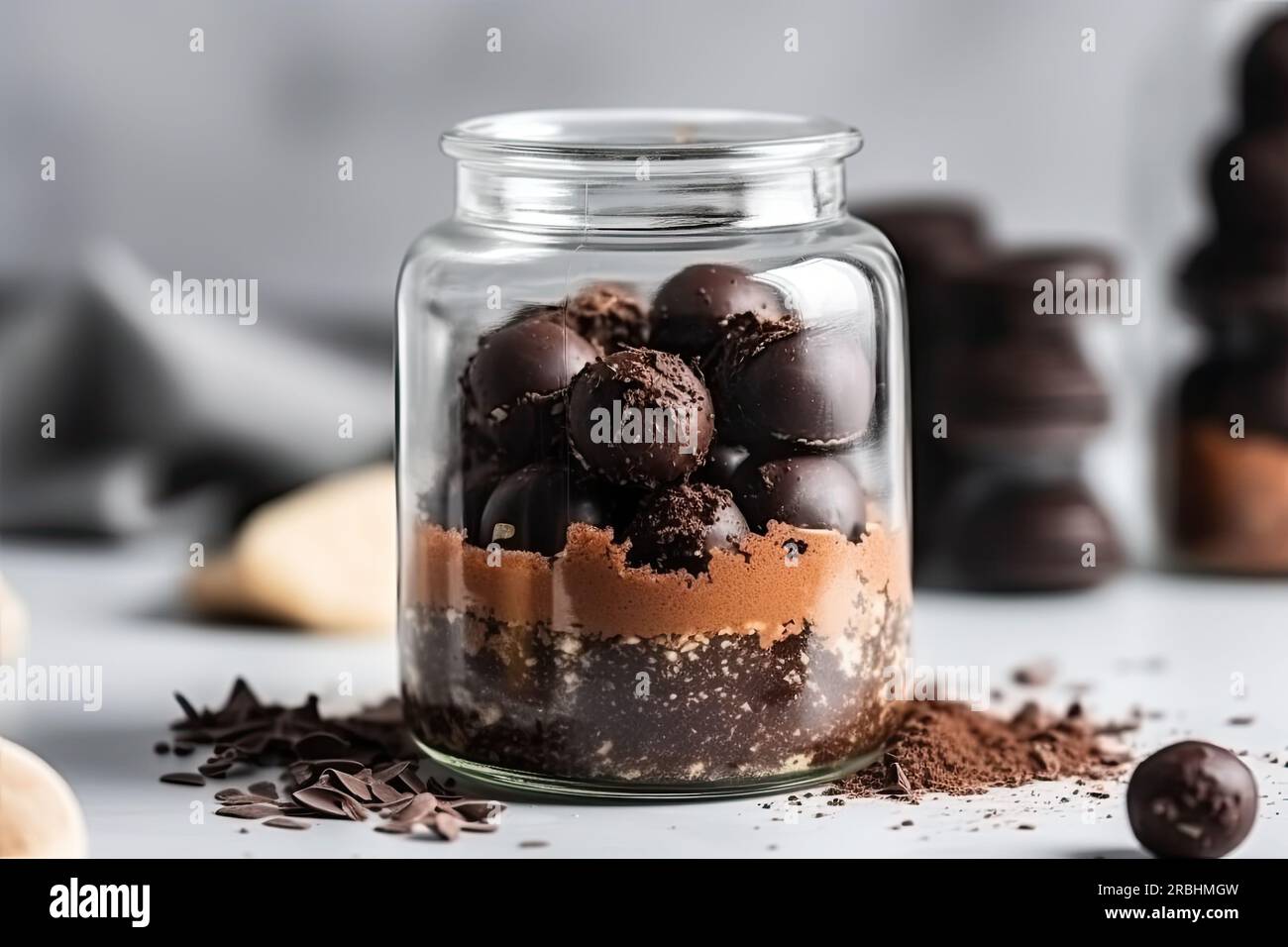 Chocolate truffles in a glass jar on a gray background, Delicious