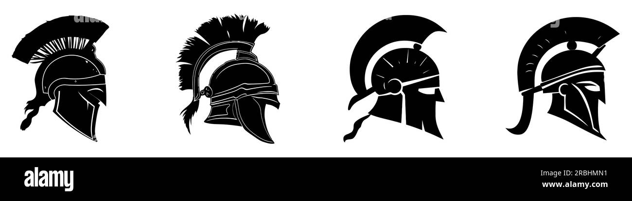 Knight warrior helmet. Set of black icons of helmet of Roman soldier or gladiator. Vector illustration Stock Vector
