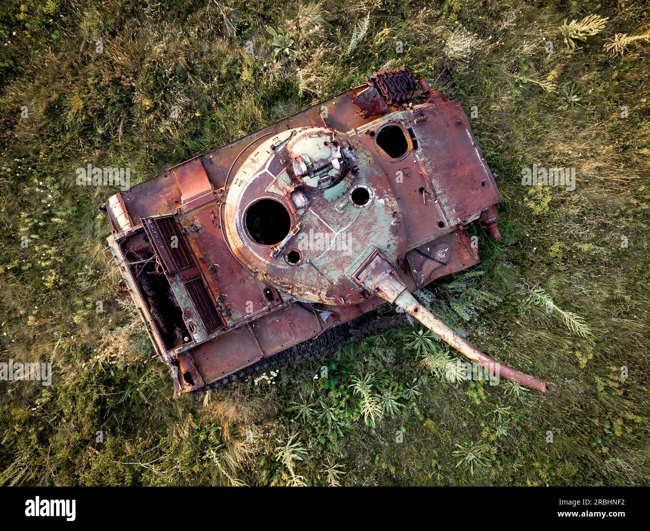 Destroyed rusted, abandoned and burned out battle tank in the green fields at sunset time. You can use this  image as an illustration for example war Stock Photo