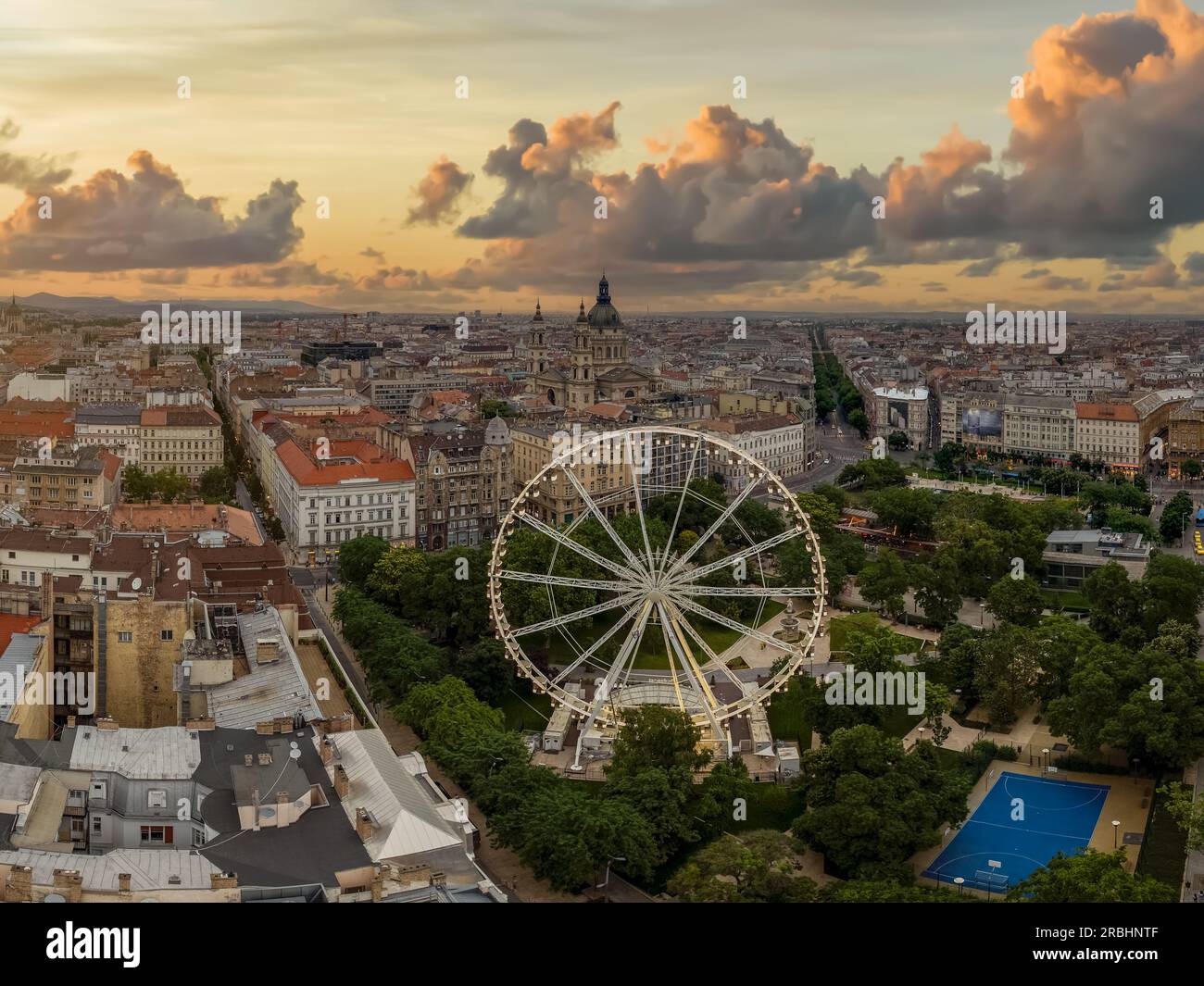 Aerial landscape about Budapest downtown. Included the Budapest eye ferris wheel and St Stephens basilca and Erzsebet square too Stock Photo