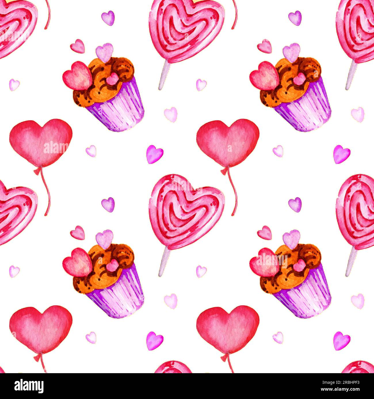 seamless pattern with heart, candy and cupcakes to Valentine day theme, watercolour hand draw, pink and lilac colour isolated on white background. For Stock Photo