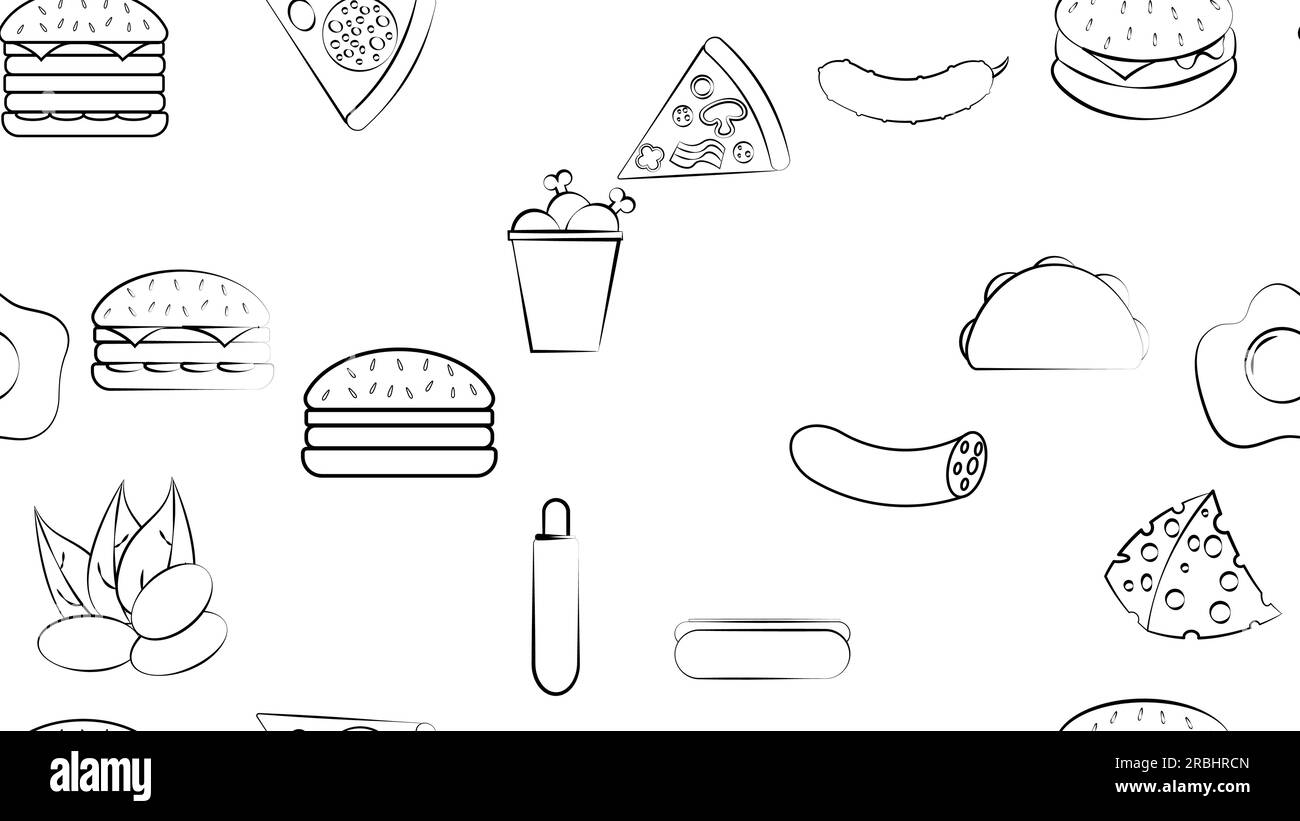 Black and white endless seamless pattern of food and snack items icons set for restaurant bar cafe: burgers, nuts, pizza, cheese, hot dog, burinno, ch Stock Vector