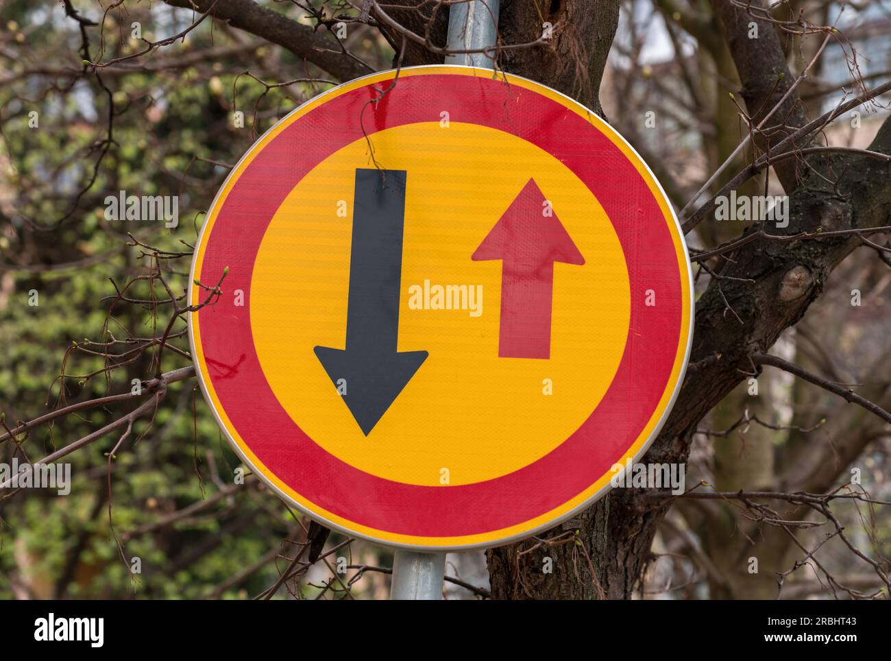 Give way to oncoming traffic sign on the streett, selective focus Stock Photo