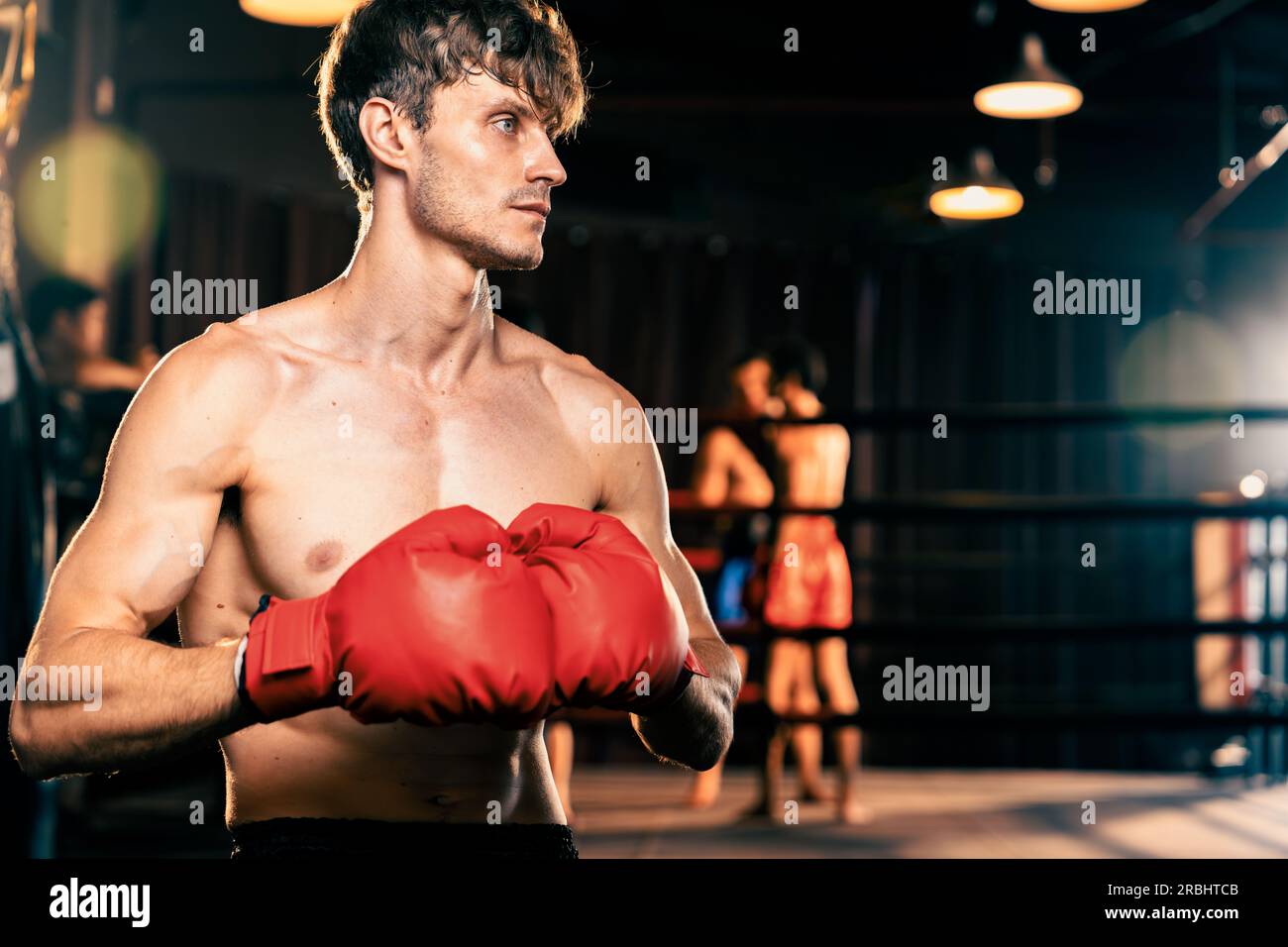 Boxing fighter posing, caucasian boxer put his hand or fist wearing glove  together in front of camera in aggressive stance and ready to fight at gym  Stock Photo - Alamy