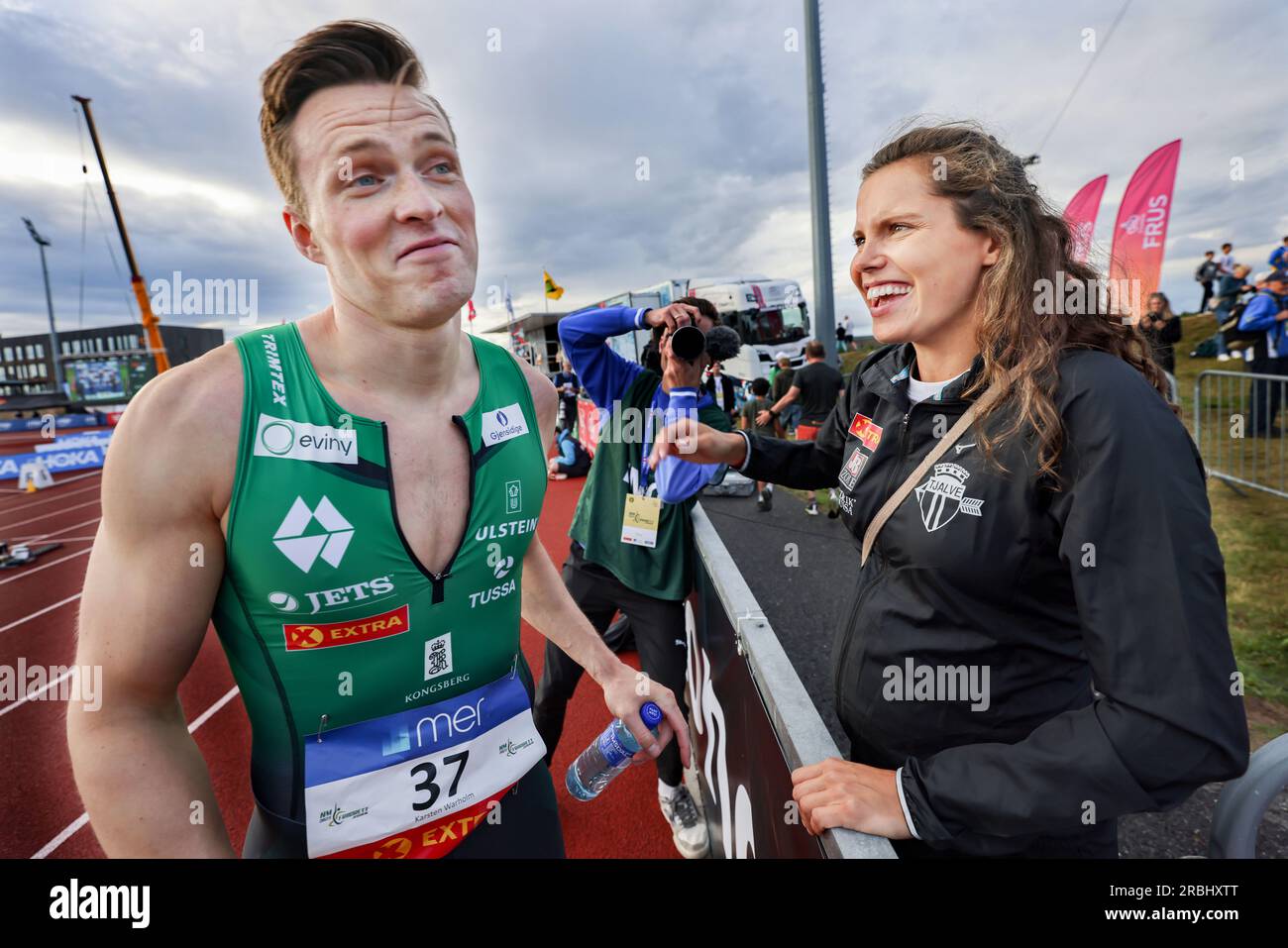 Jessheim 20230706. Amalie Iuel congratulated Karsten Warholm after the