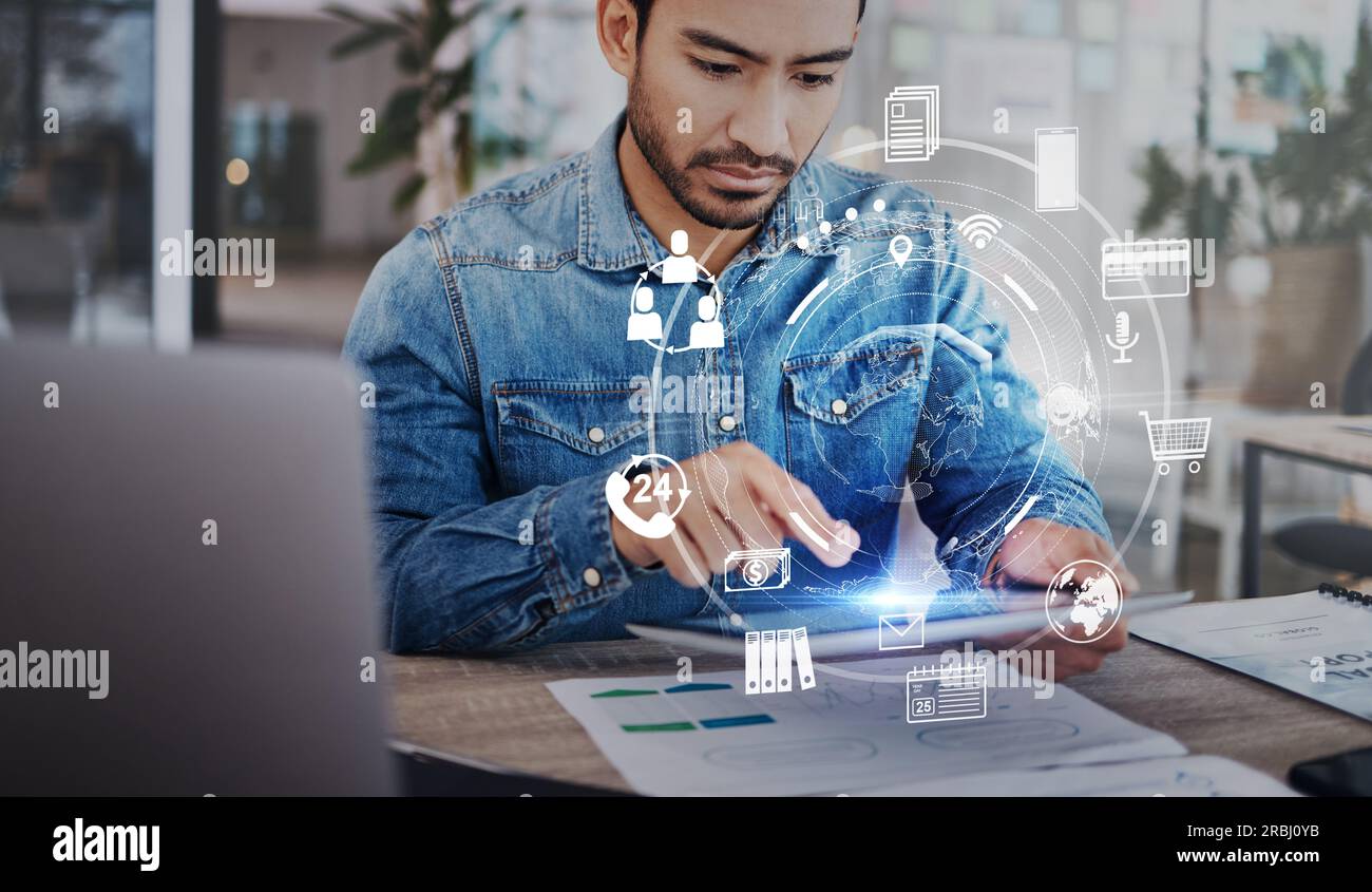 Man, tablet and startup with hologram app ui, web design or creativity for seo with dashboard. Developer, digital touchscreen and typing for Stock Photo