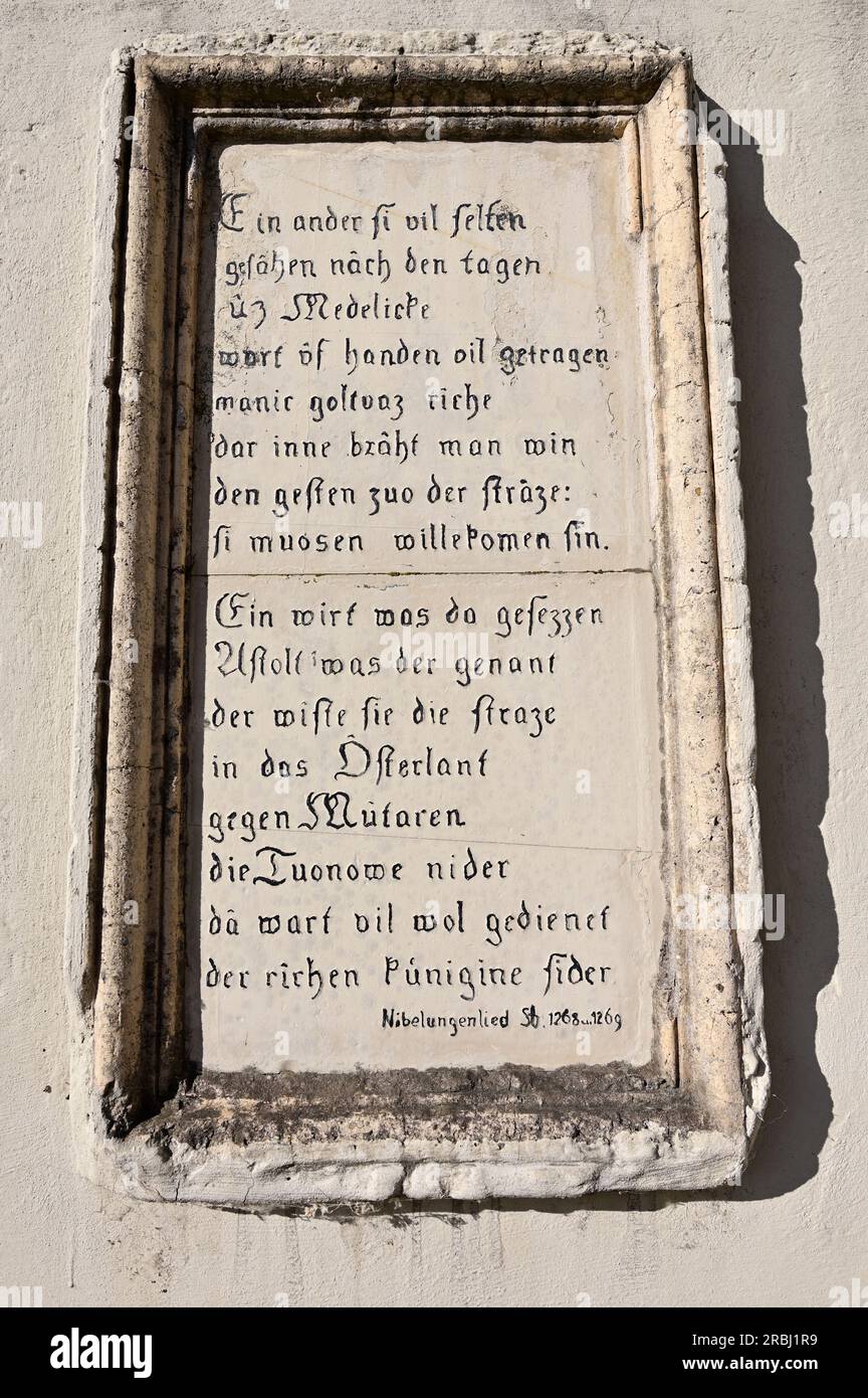 Melk, Wachau, Lower Austria, Austria. July 04, 2023. Stone tablet with the Niebelungenlied from 1268-1269 Stock Photo