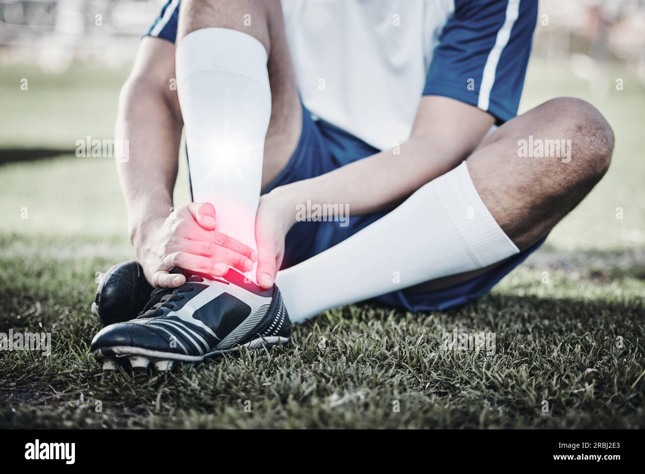 Injury, soccer player or hand of a man on foot pain, emergency or accident in fitness training