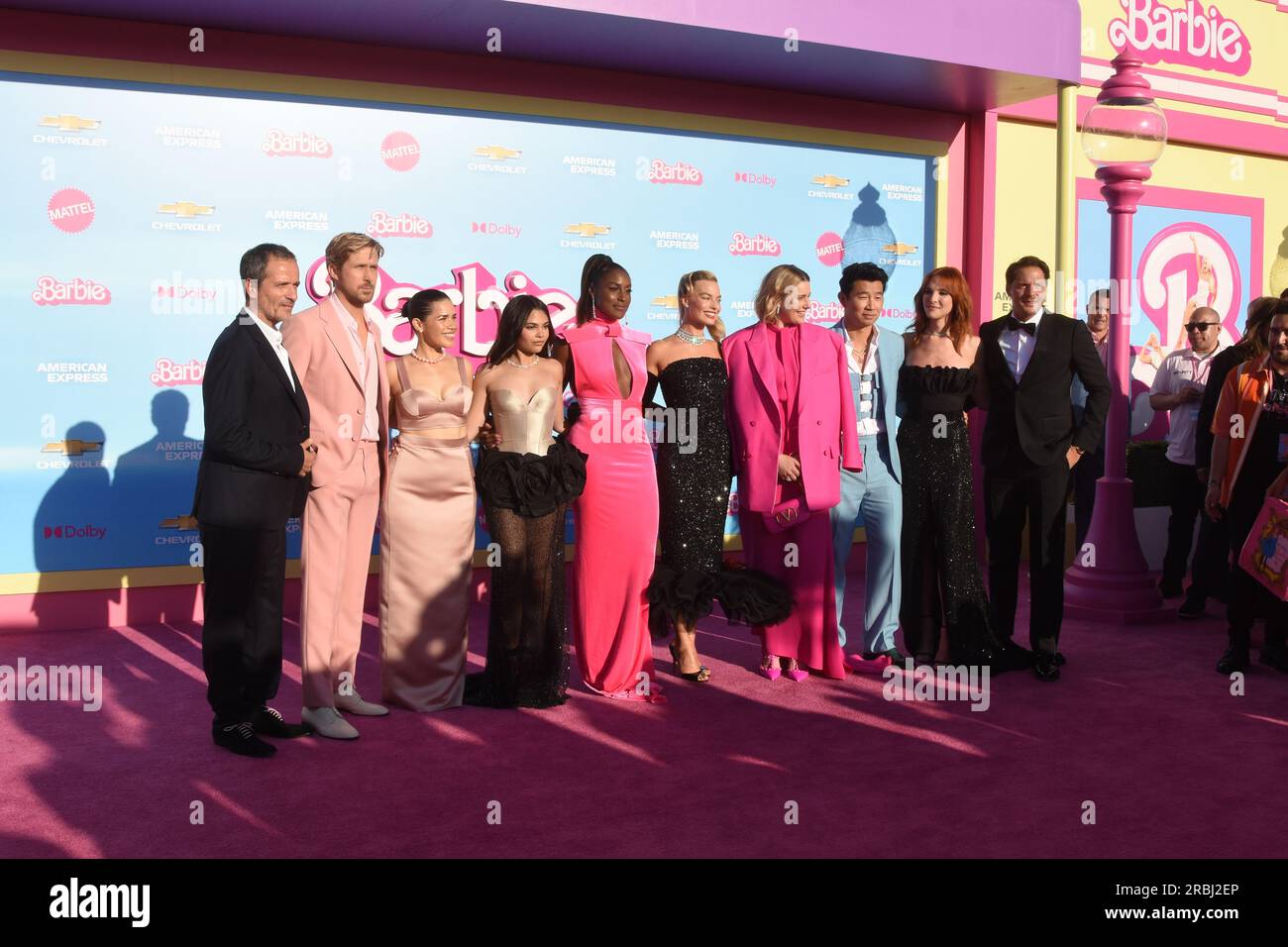 Los Angeles, California, USA 9th July 2023 (L-R) Producer David He-man, Actor Ryan Gosling, Actress America Ferrera, Actress Ariana Greenblatt, Actress Issa Rae, Actress Margot Robbie, Director Greta Gerwig, Actor Simu Liu, Actress Hari Nef attend Warner Bros. Pictures World Premiere of ÔBarbieÕ at Shrine Auditorium on July 9, 2023 in Los Angeles, California, USA. Photo by Barry King/Alamy Live News Stock Photo