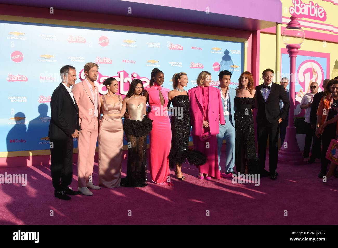 Los Angeles, California, USA 9th July 2023 (L-R) Producer David He-man, Actor Ryan Gosling, Actress America Ferrera, Actress Ariana Greenblatt, Actress Issa Rae, Actress Margot Robbie, Director Greta Gerwig, Actor Simu Liu, Actress Hari Nef attend Warner Bros. Pictures World Premiere of ÔBarbieÕ at Shrine Auditorium on July 9, 2023 in Los Angeles, California, USA. Photo by Barry King/Alamy Live News Stock Photo