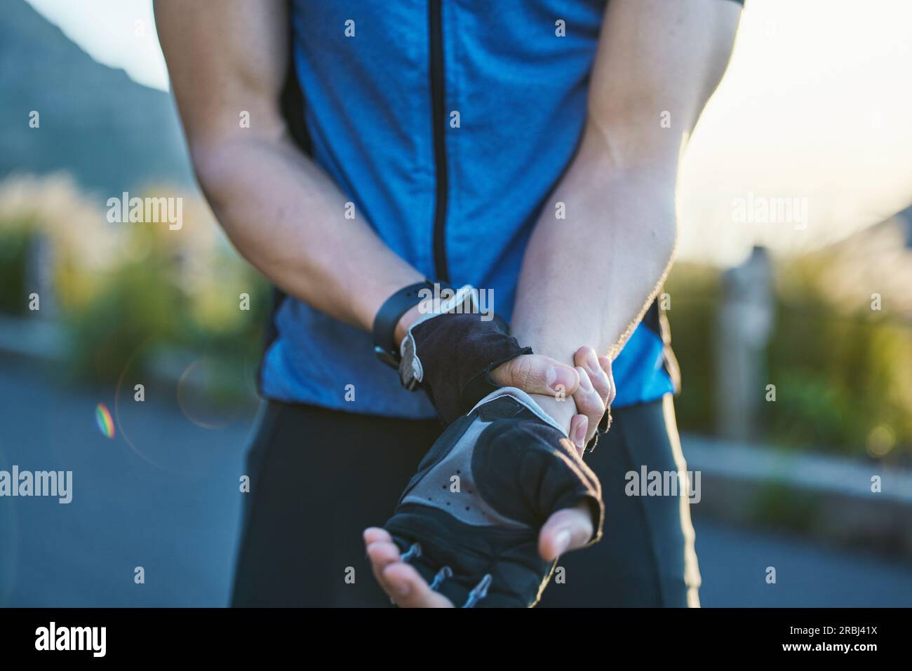Man, cycling and wrist pain with injury, stress and hands for muscle