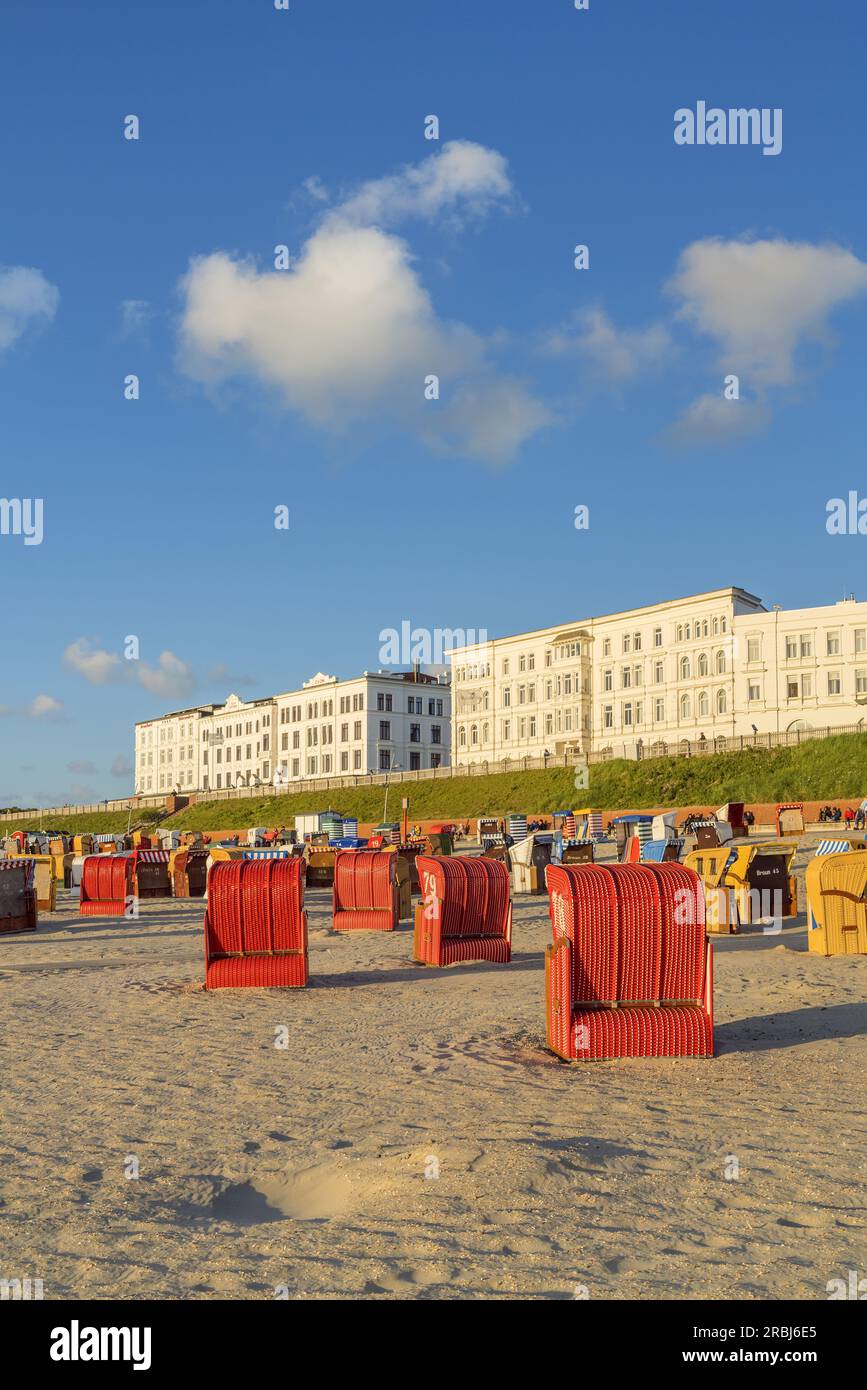 Beach and houses on the beach promenade, Borkum Island, Lower Saxony, Germany Stock Photo