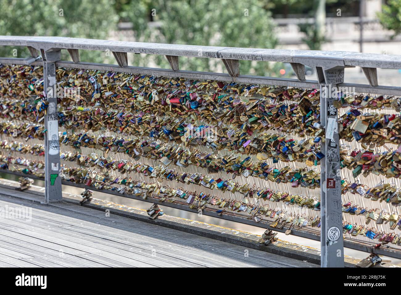 Romantic Paris. Love locks (padlocks) on Passerelle Leopold Serdar