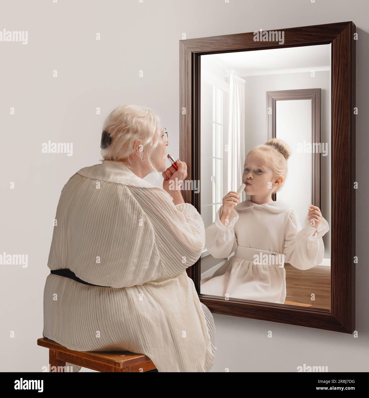 Creative conceptual collage. Back to the past. Senior woman looking in