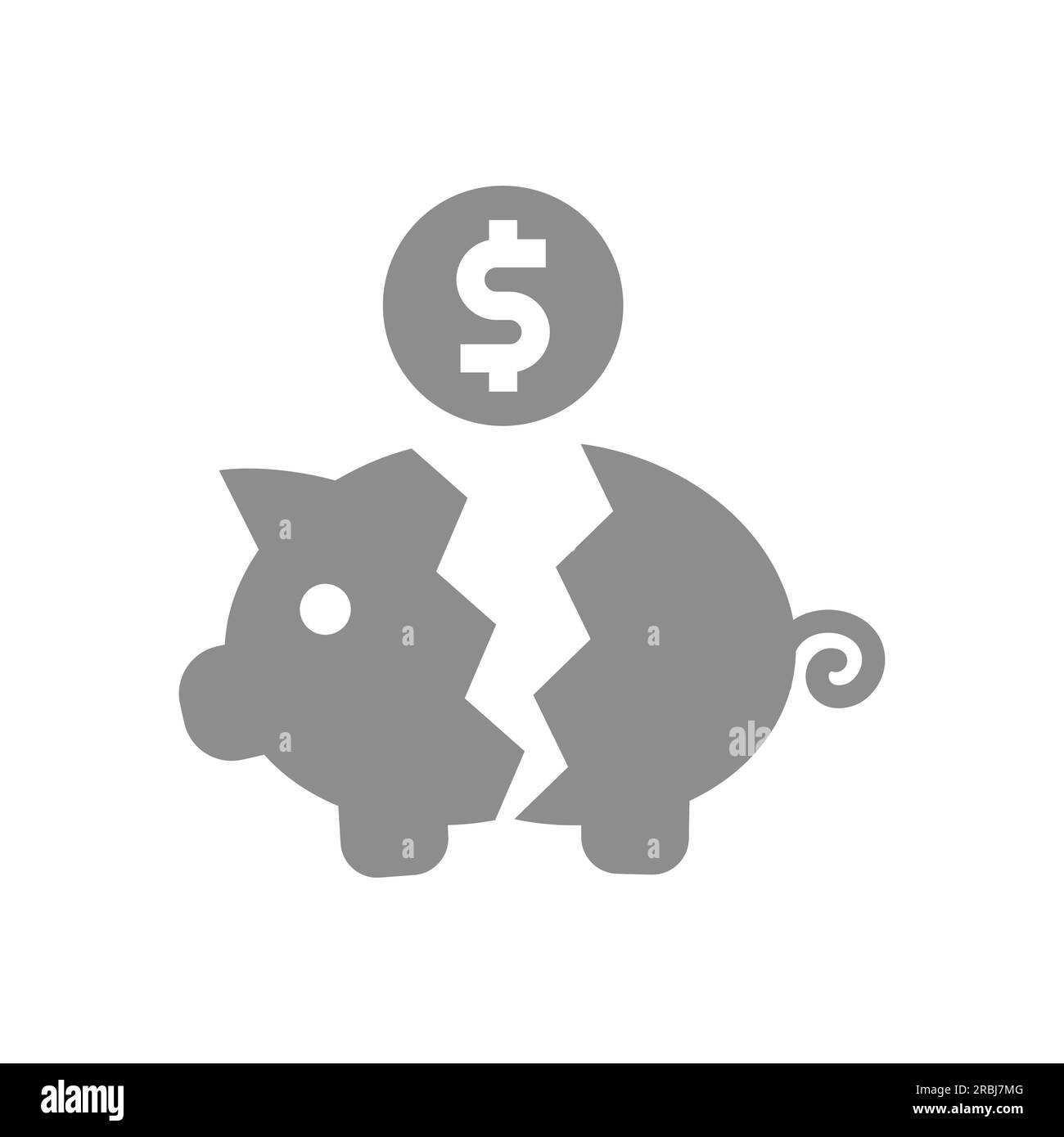 Broken piggy bank and dollar coin icon. Inflation, financial crisis and bankruptcy vector. Stock Vector