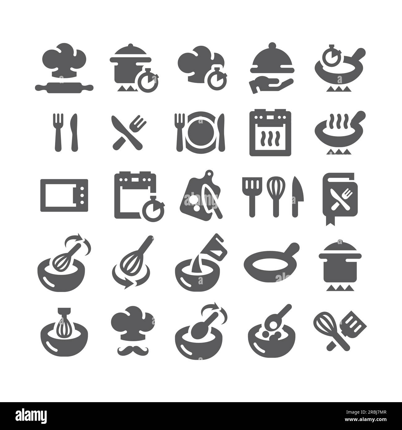 Food preparation, recipe and instructions vector icon set. Home cooking, time, pan and pot icons. Stock Vector