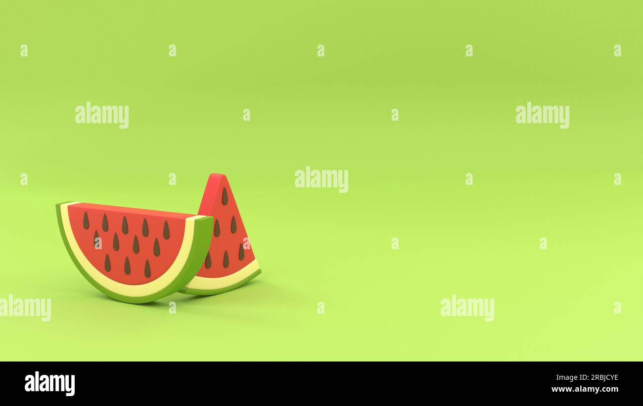 Red sliced watermelon with green rind and seeds on green background. 3D rendering. Background. For text. Stock Photo